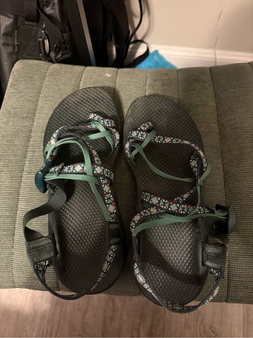 Chaco Strappy Sport Sandals - Black with Green Patterned Straps